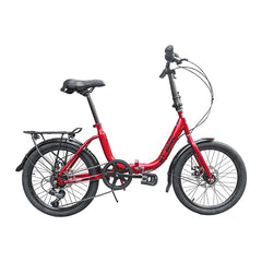 Red bicycle with black components on a white background